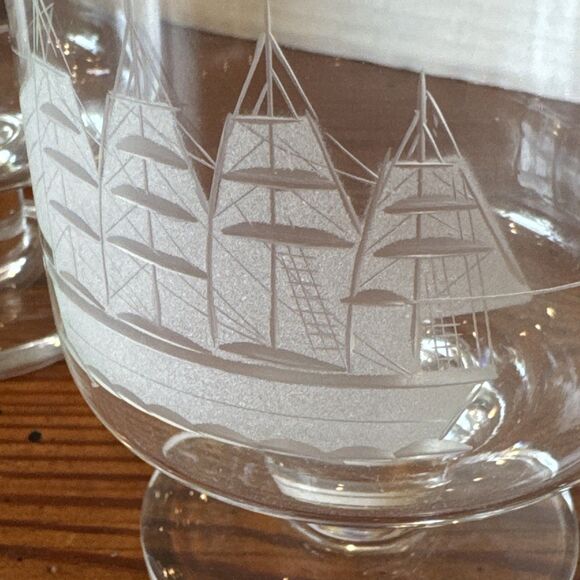 2 Toscany Romania Clipper Ship Etched Crystal Barrel Footed Whiskey Glasses - Picture 6 of 9